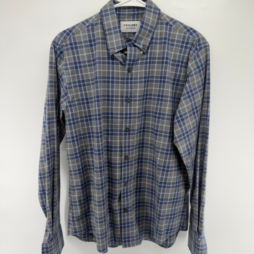 Twillory Mens Untuckable Tailored Fit Plaid Button Down Shirt Blue Grey Medium - Picture 2 of 7